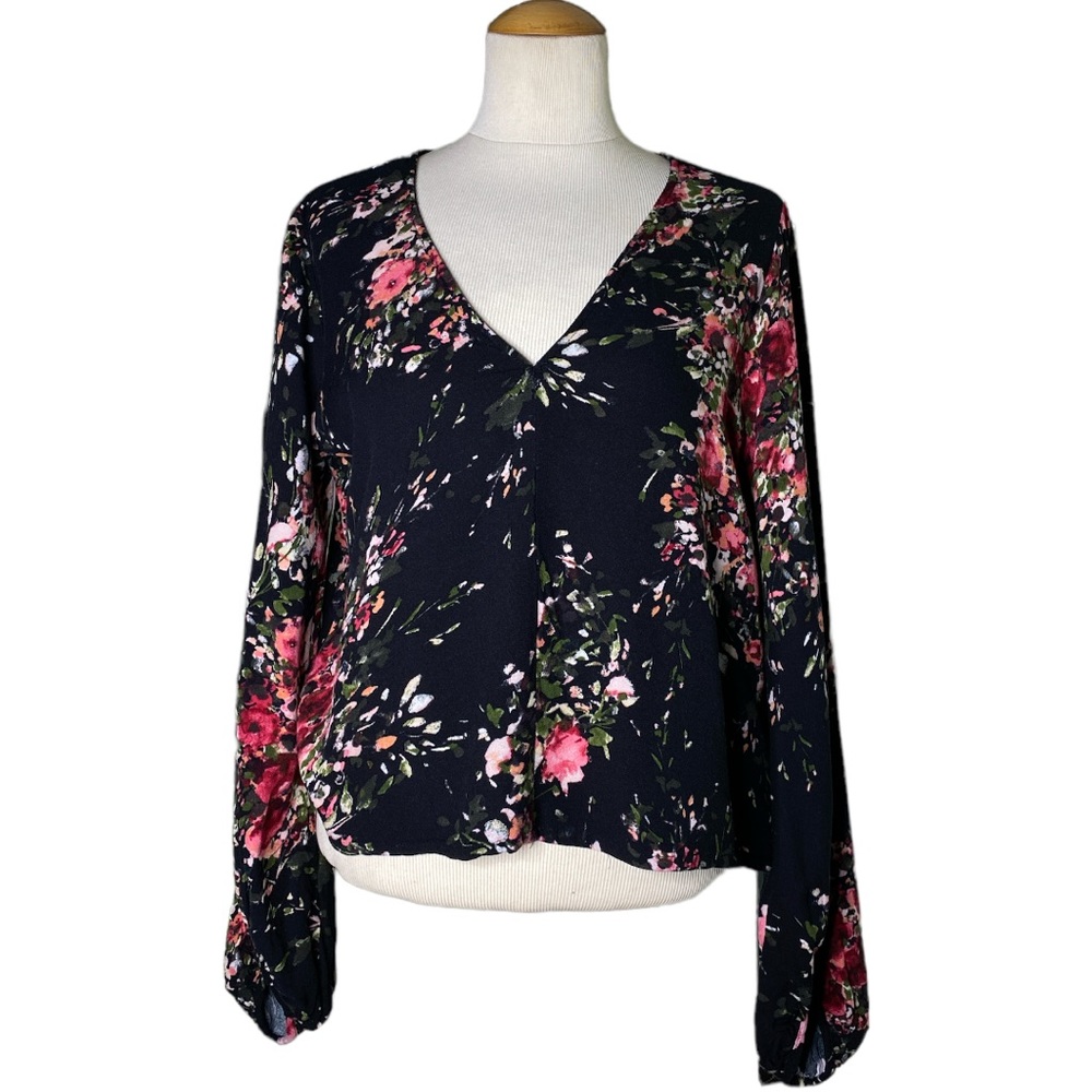 Lovestitch Floral V-Neck Blouse - Black and Pink